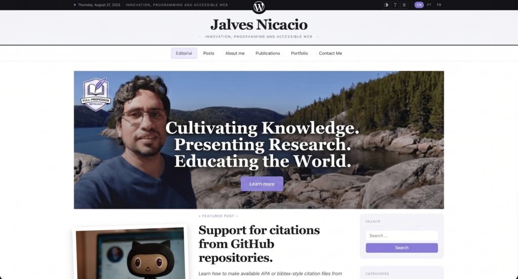 Screenshot of the Full Professor WordPress theme's homepage, with its dark utility bar, masthead, and photo hero section.